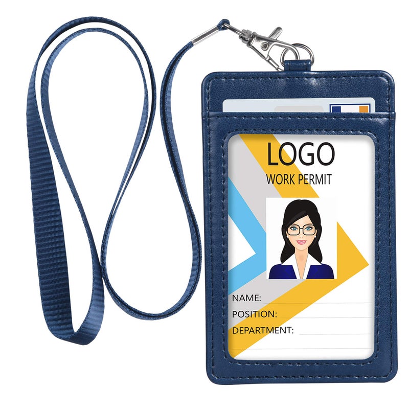 Teskyer Badge Holder with Lanyard, Leather ID Name Badge Card Holder with Lanyard for ID Badges, Vertical Blue - Image 1